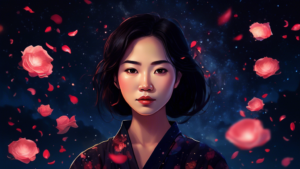 A portrait of Bích Phương with a solemn expression, surrounded by scattered rose petals. The background is a dark, starry night sky with a single beam of l