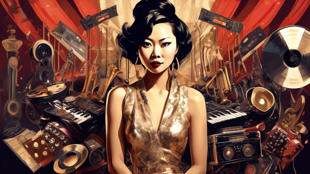 A portrait of Chi Pu in a glamorous outfit, surrounded by musical instruments and movie reels, representing her successful career in both music and film.