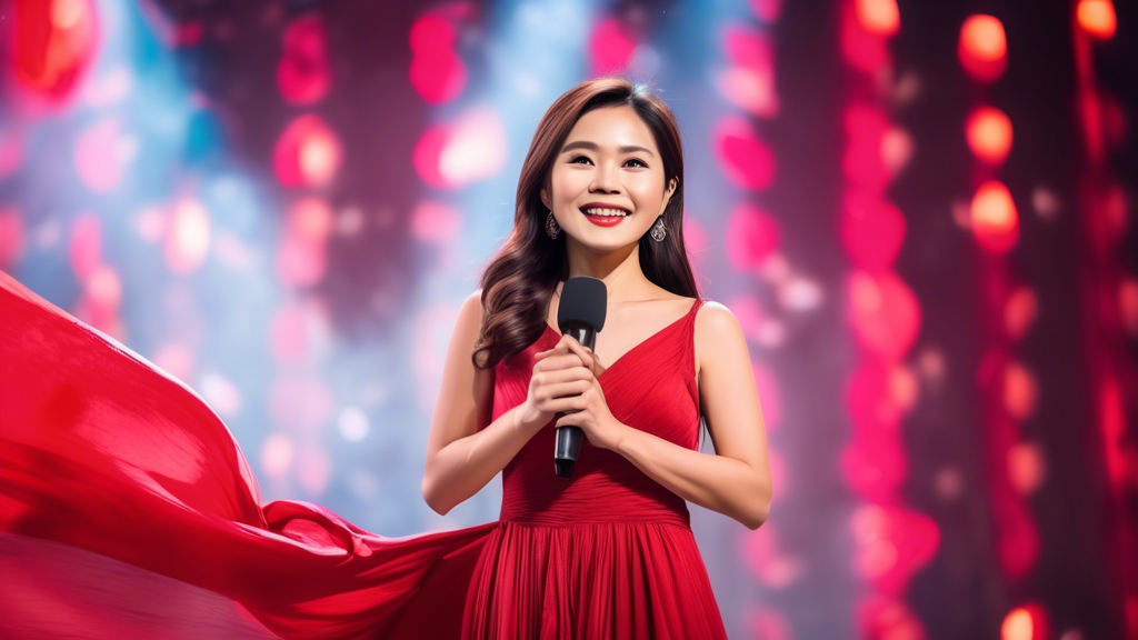 A beautiful and confident Vietnamese woman in a flowing red dress, standing on a stage with a microphone in her hand, surrounded by lights and applause.