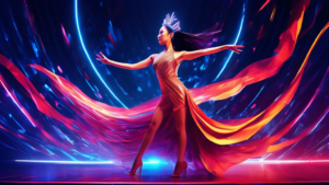 Hoang Thuy Linh performing live on stage as the queen of electronic music in a captivating and vibrant dance performance with a futuristic backdrop