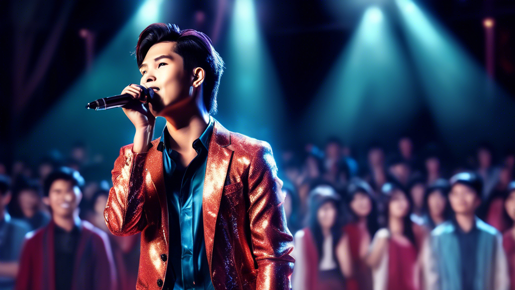 A portrait of Isaac, a handsome Vietnamese pop star, standing on stage under a spotlight, singing into a microphone. He has a confident expression and is w