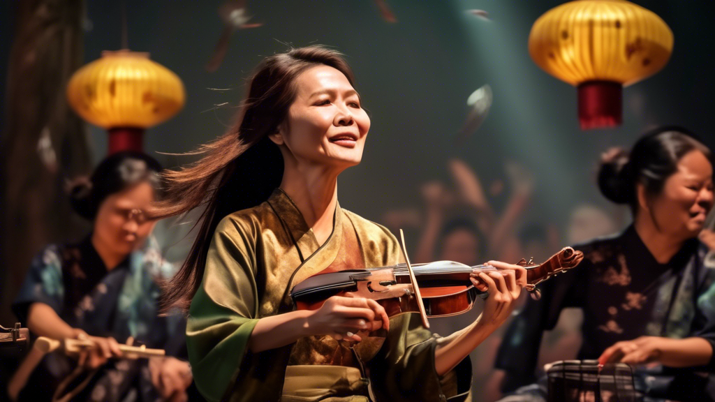 An inspiring journey of a Vietnamese Nightingale with flowing brown hair, surrounded by musical instruments and surrounded by adoring fans.