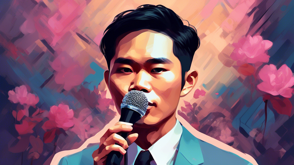 A portrait of Noo Phuoc Thinh in the style of a pop ballad album cover, with a microphone in his hand, dressed in a suit, with a sophisticated and dreamy b