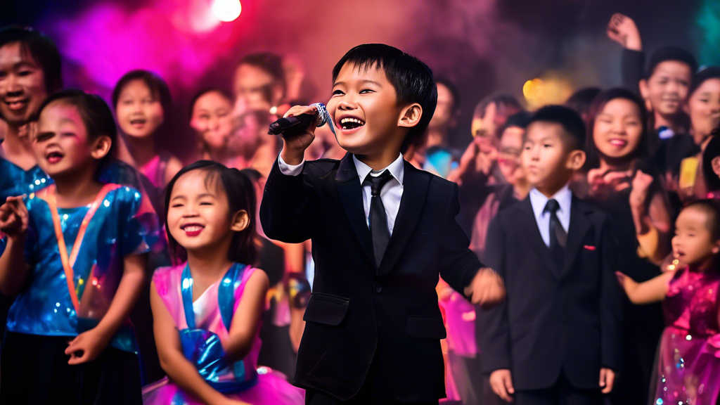 A young boy from Thai Binh, Vietnam, standing on a stage with a microphone in his hand. The boy is smiling and looking up at the crowd. The stage is filled